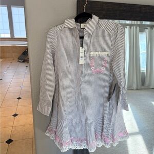 Tan Stripe Embroidered Floral Callahan Shirt Dress